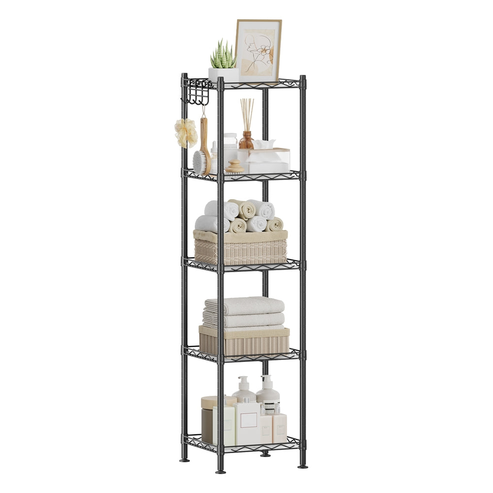 4-Tier Bathroom Shelf with 4 PP Shelf Liners - Removable Hook - Ink Black, Translucent - 11.8''D x 11.8''W x 48.6''H