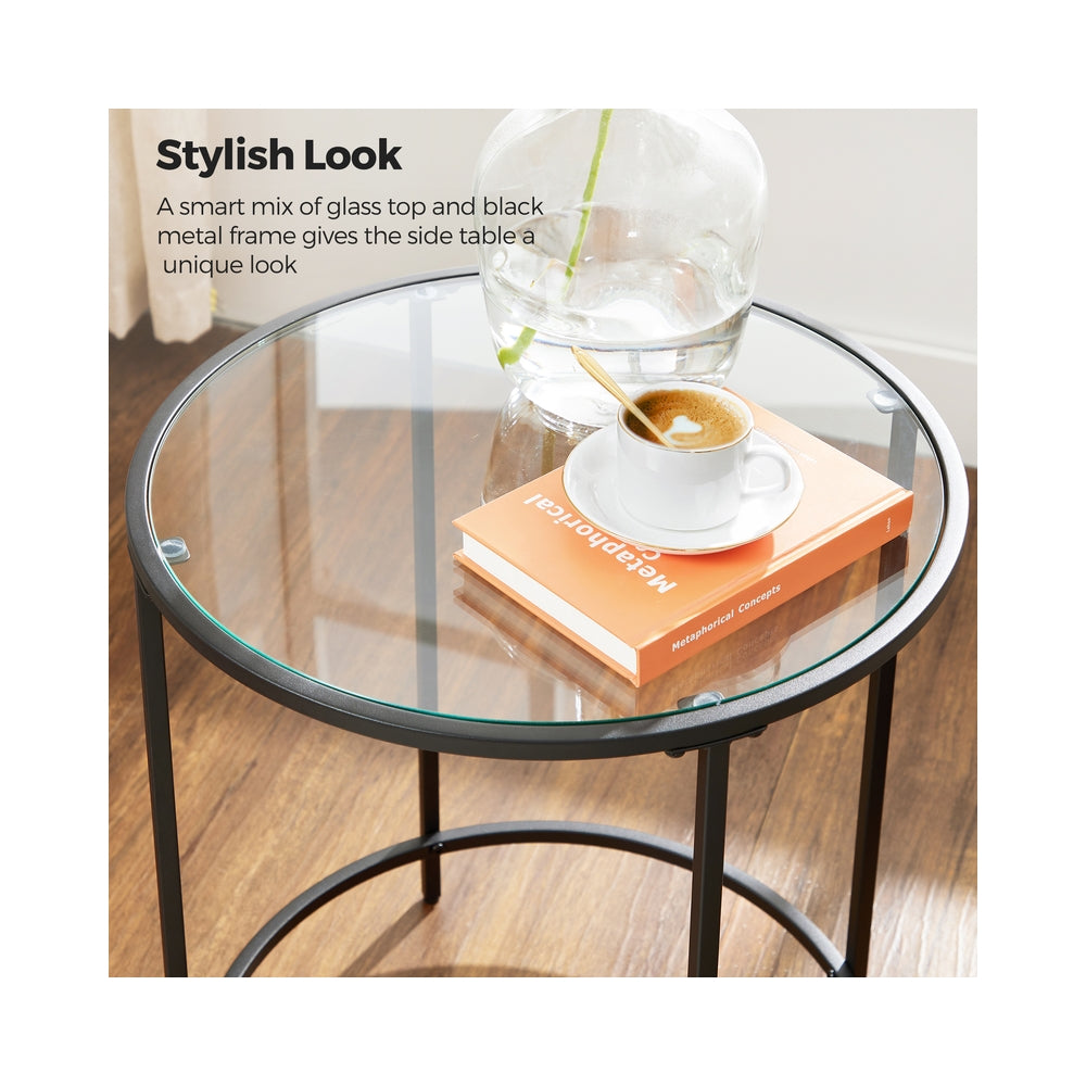 Glass Round Side Table with Metal Frame - Black