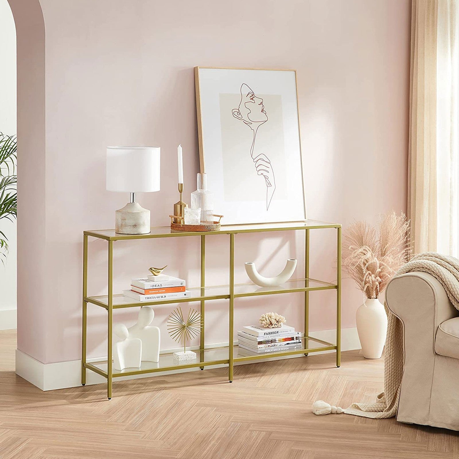 51.2 Inch Console Table with 3 Shelves - Metalic Gold, Transparent