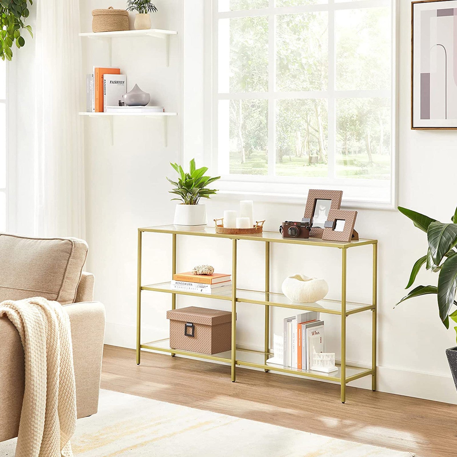 51.2 Inch Console Table with 3 Shelves - Metalic Gold, Transparent