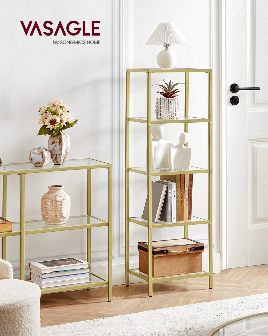 5-Tier Bookcase - Slim Shelving Unit - Gold