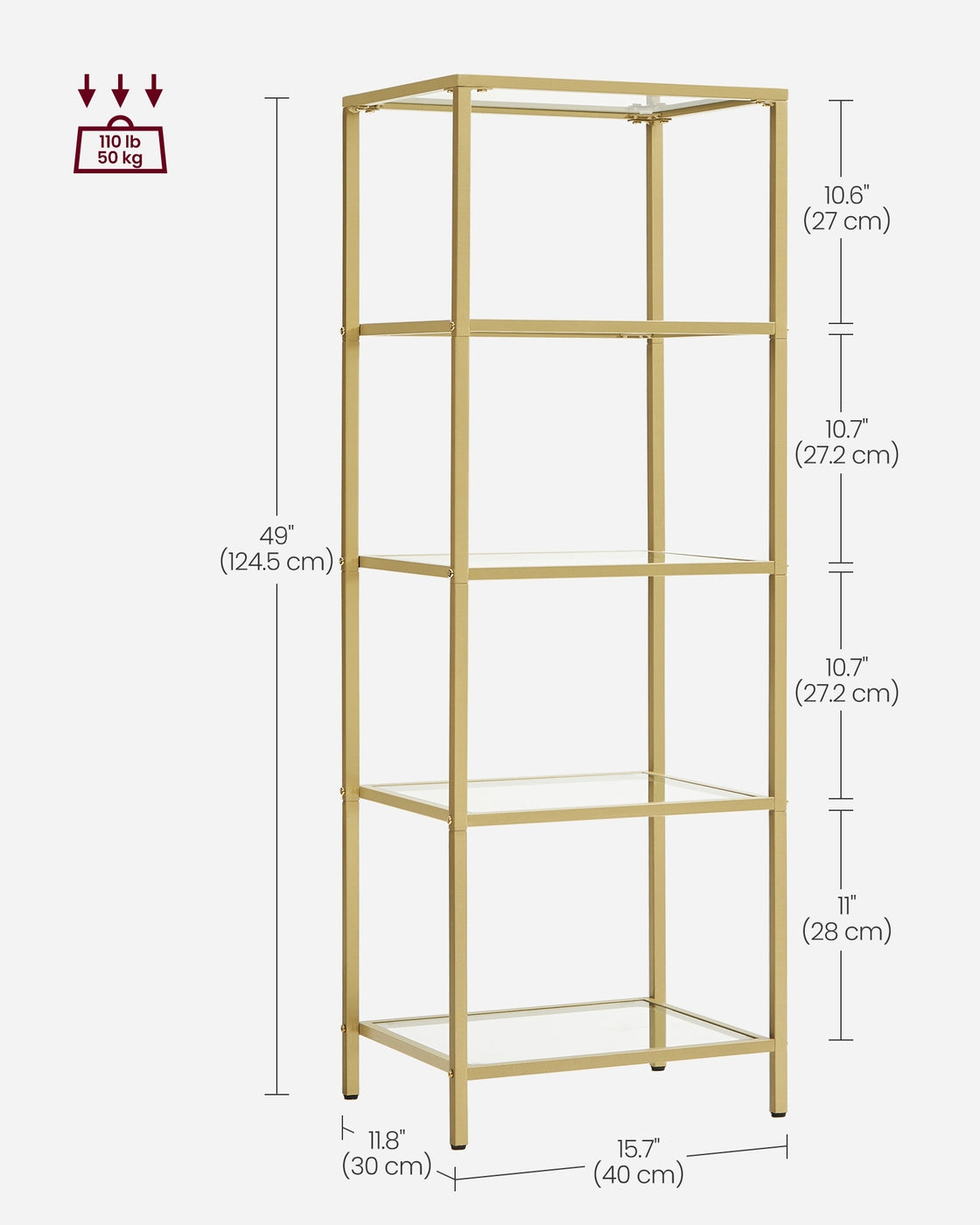 5-Tier Bookcase - Slim Shelving Unit - Gold