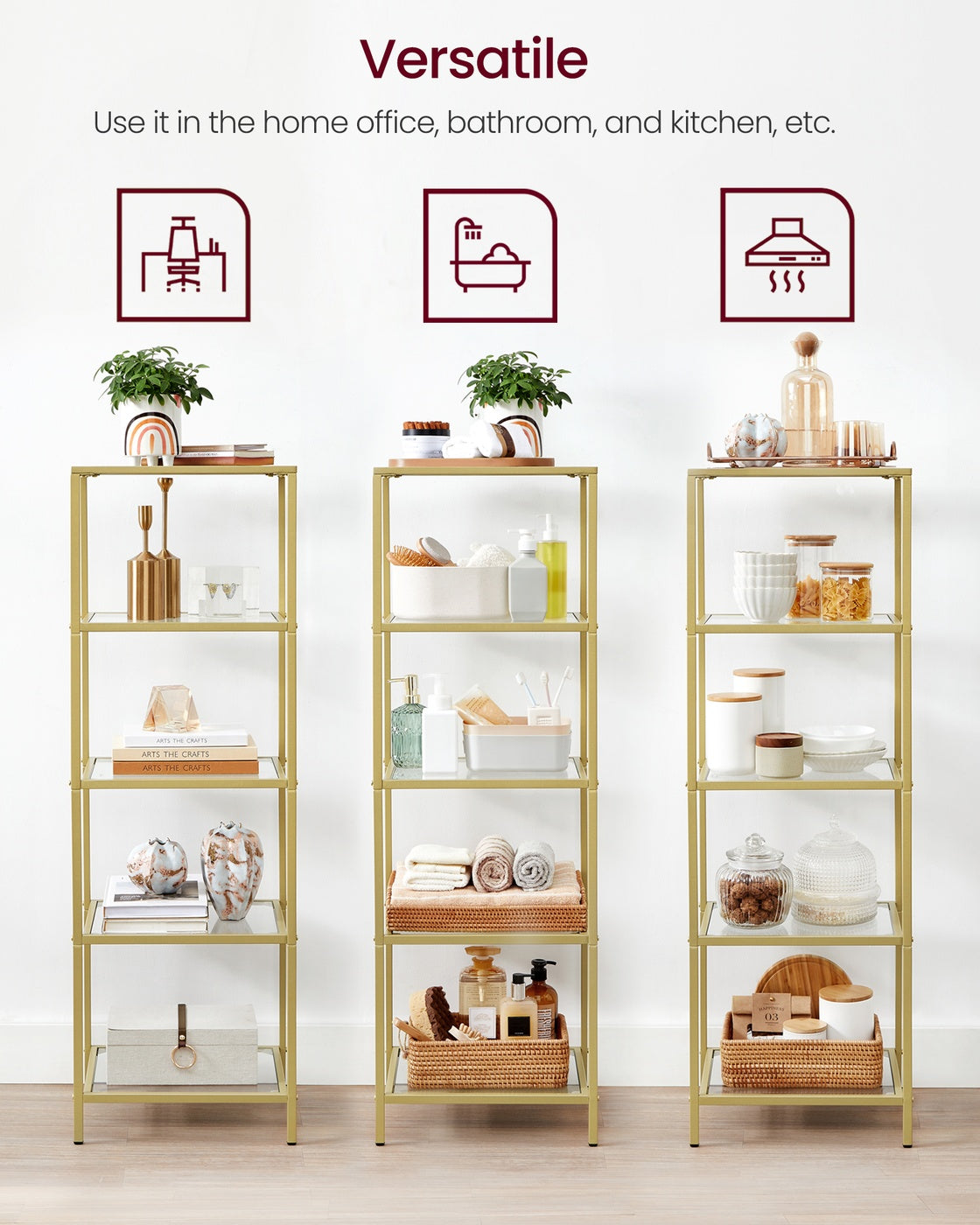 5-Tier Bookcase - Slim Shelving Unit - Gold