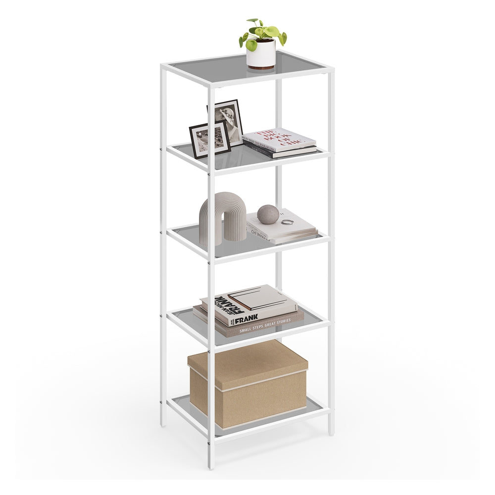 5-Tier Bookcase - Slim Shelving Unit - Pearl White, Slate Gray - 11.8”D x 15.7”W x 49”H