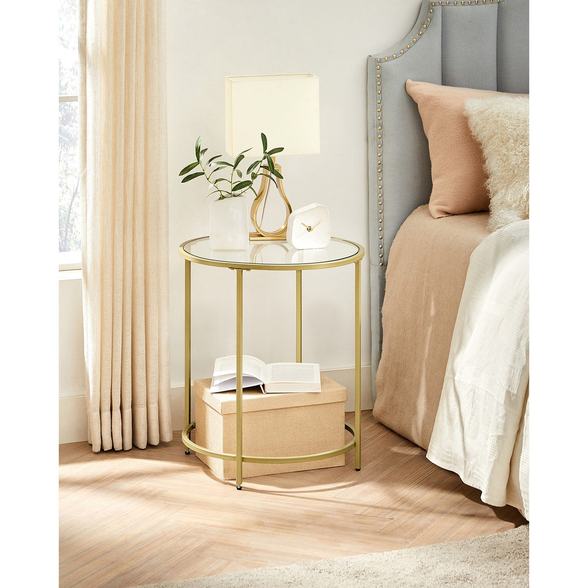 Glass Round Side Table - Metal Frame - Tempered Glass
