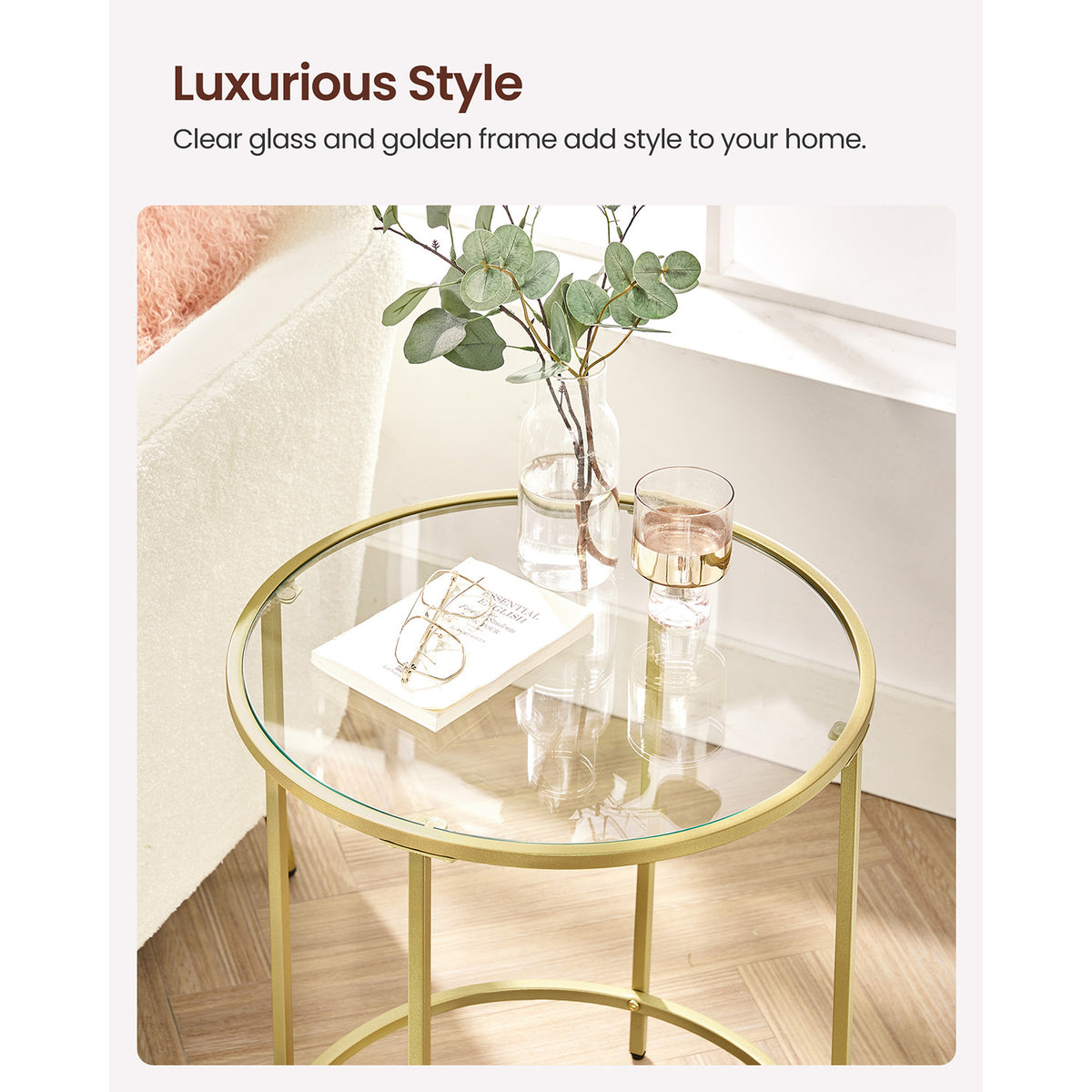 Glass Round Side Table - Metal Frame - Tempered Glass