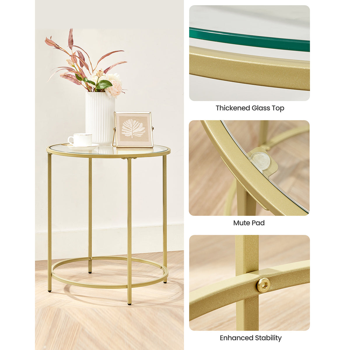 Glass Round Side Table - Metal Frame - Tempered Glass