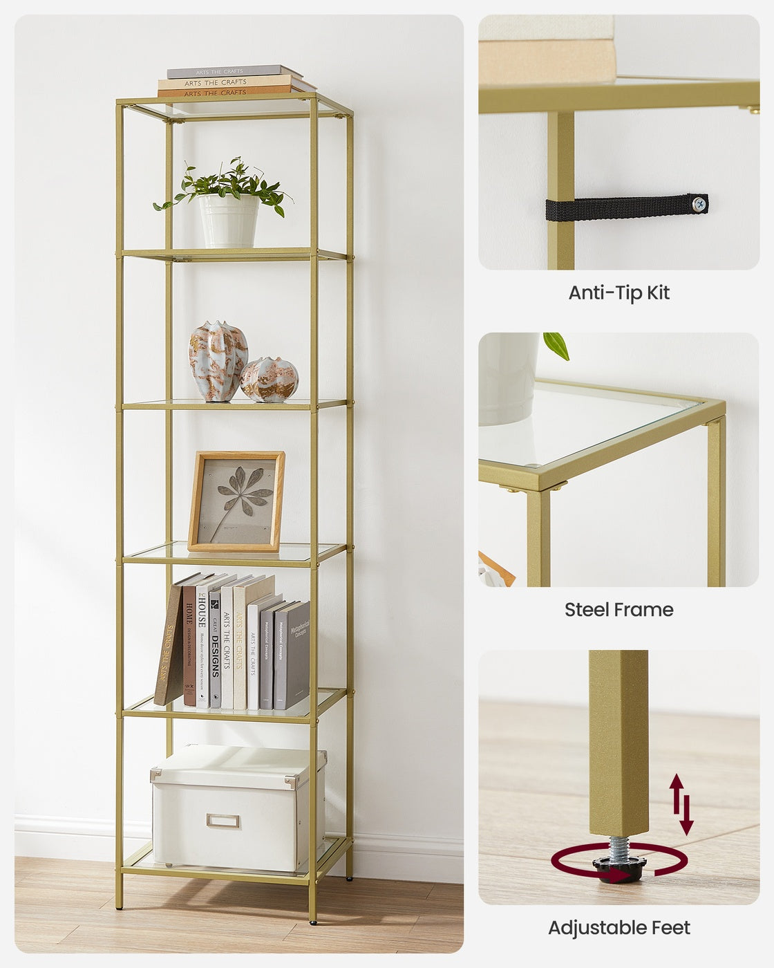 Bookcase - 5-Tier - Slim Shelving Unit - Tempered Glass