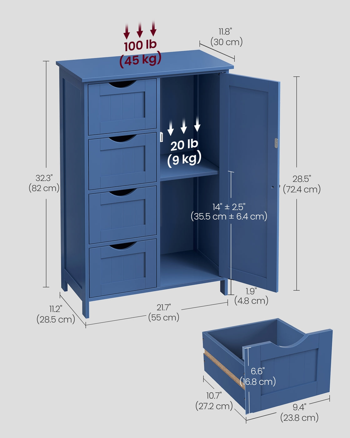 Freestanding Storage Cabinet - 32 inch - 2 Drawers and Adjustable Shelf