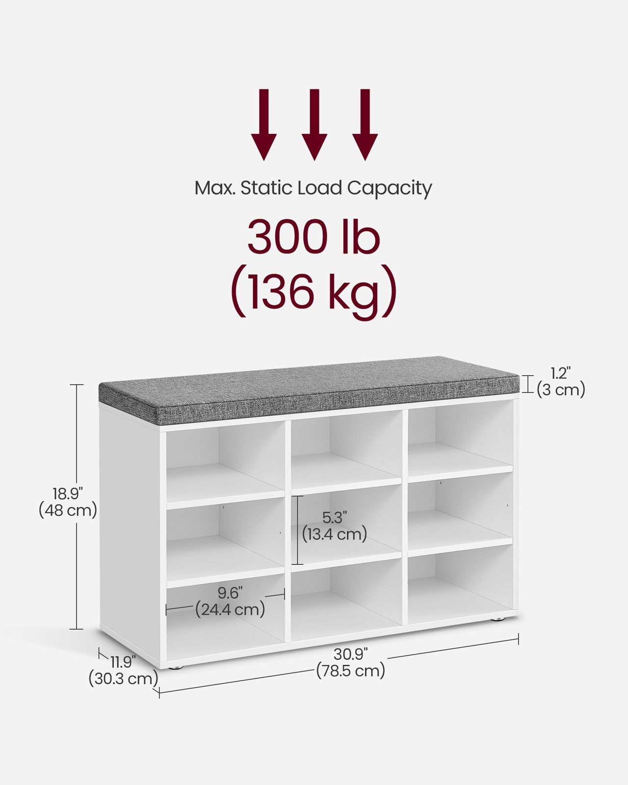 Shoe Bench - With Cushion - 12 Compartments