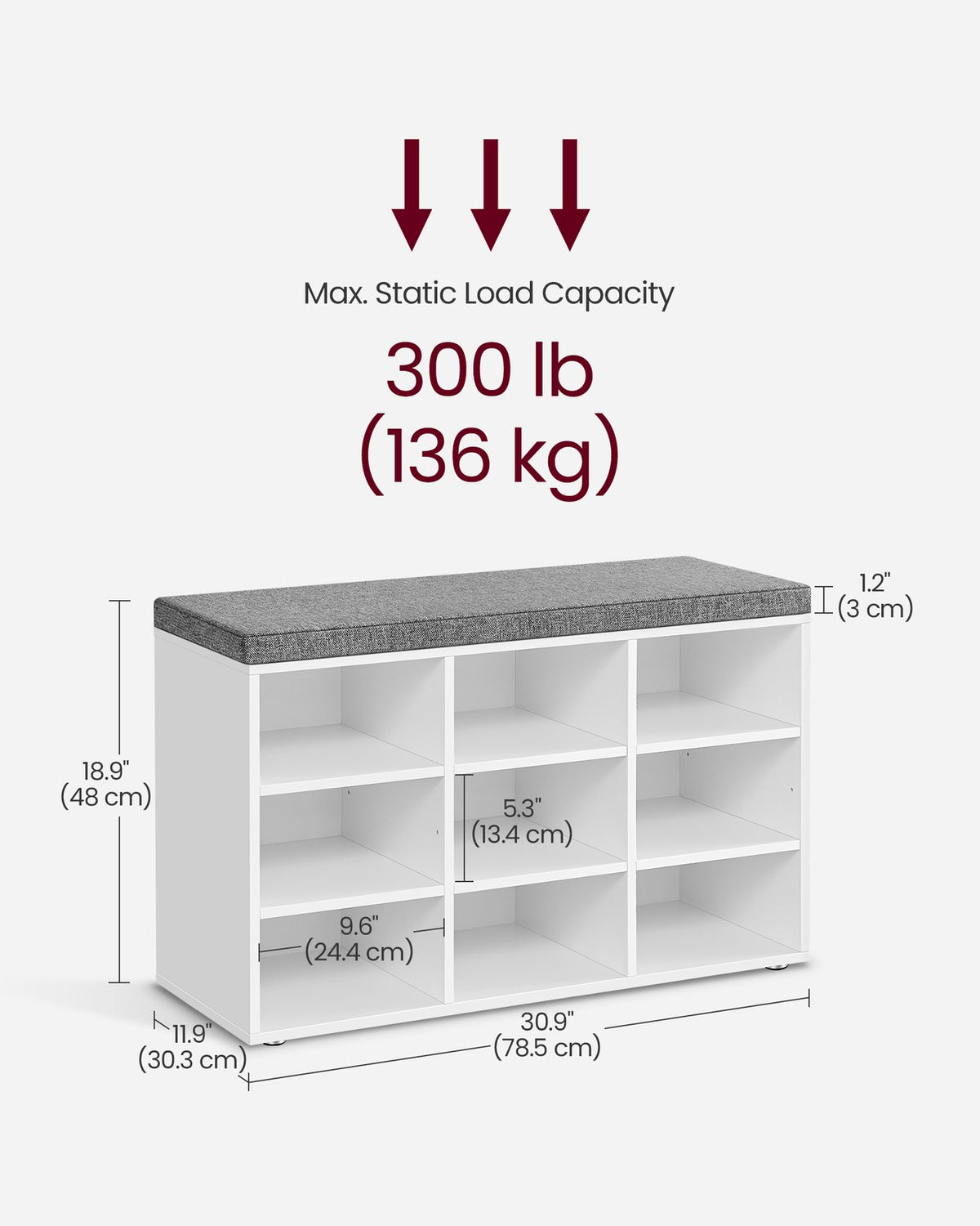 Shoe Bench - With Cushion - 12 Compartments