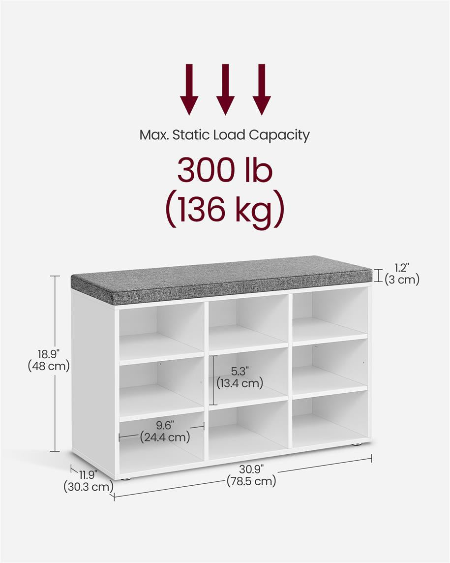 Shoe Bench - With Cushion - 12 Compartments
