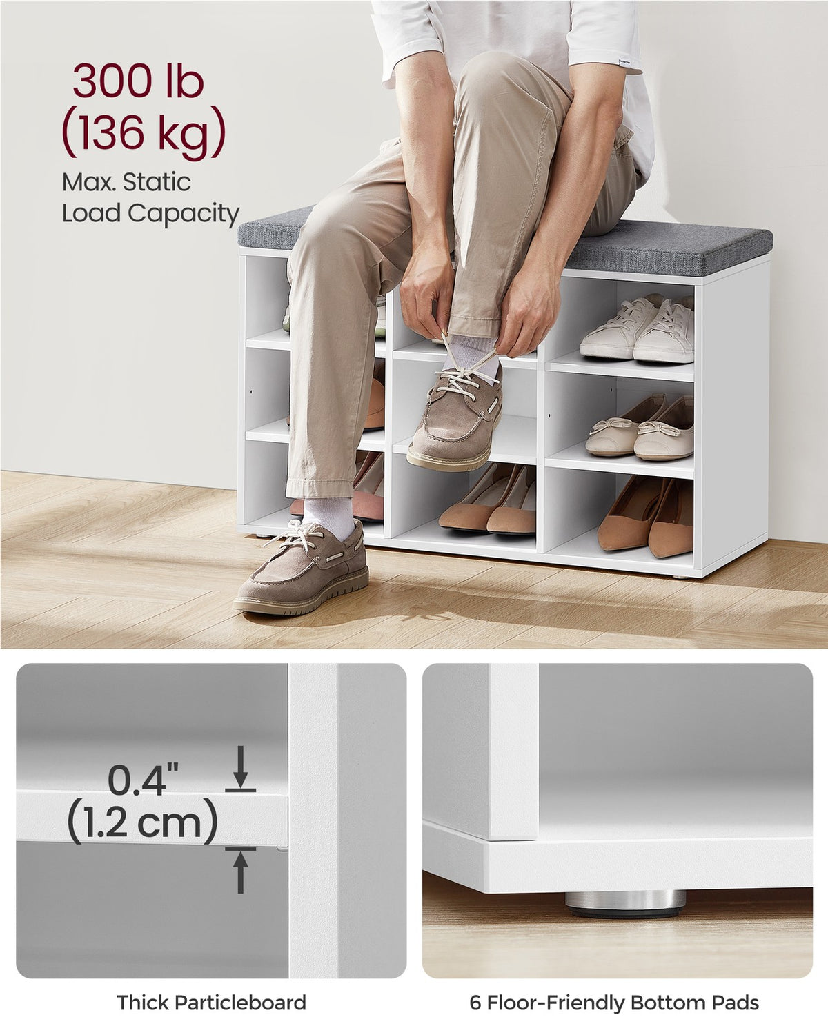 Shoe Bench - With Cushion - 12 Compartments