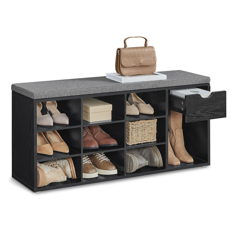 Storage Bench with Cushion - Drawer and Open Compartments - Ebony Black, Slate Gray