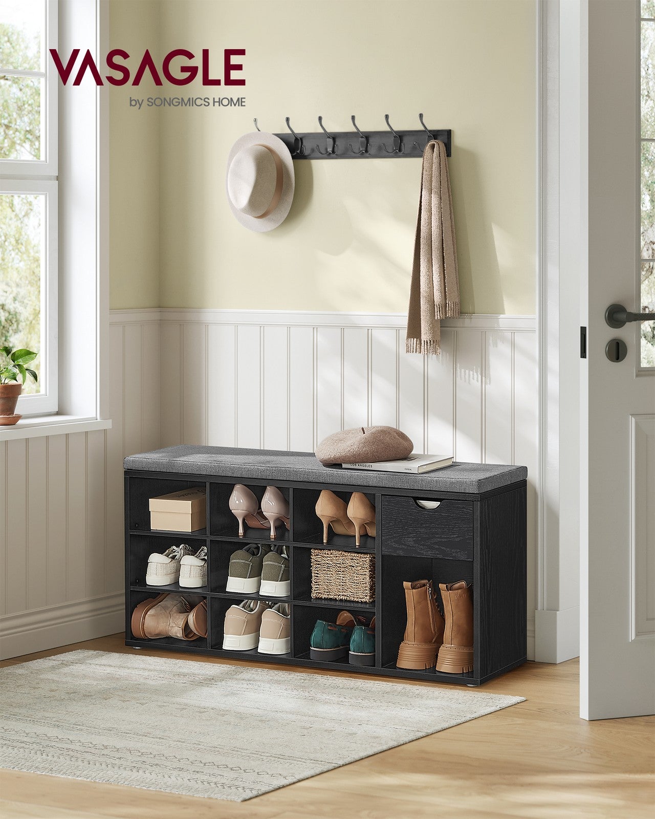 Storage Bench with Cushion - Drawer and Open Compartments