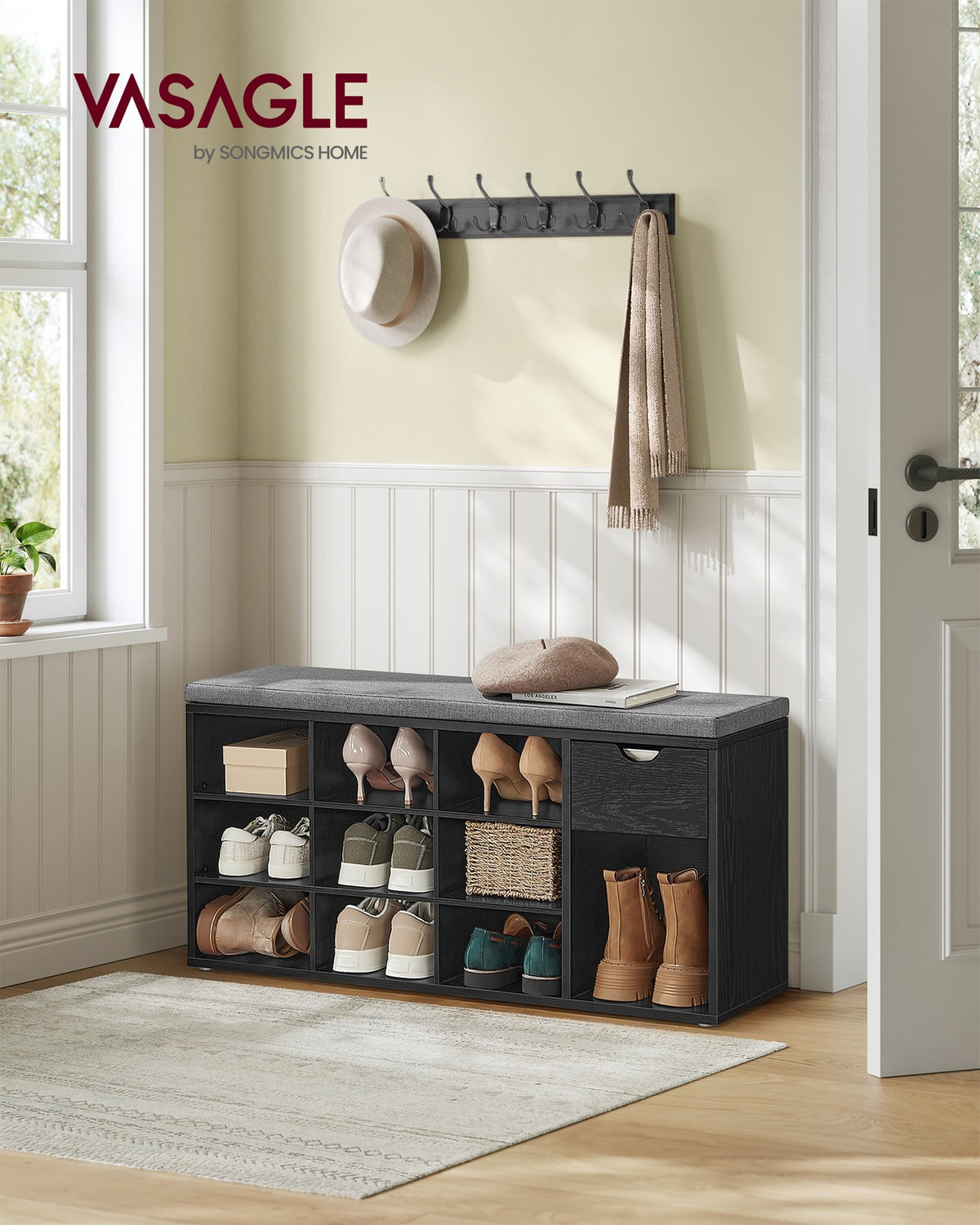 Storage Bench with Cushion - Drawer and Open Compartments