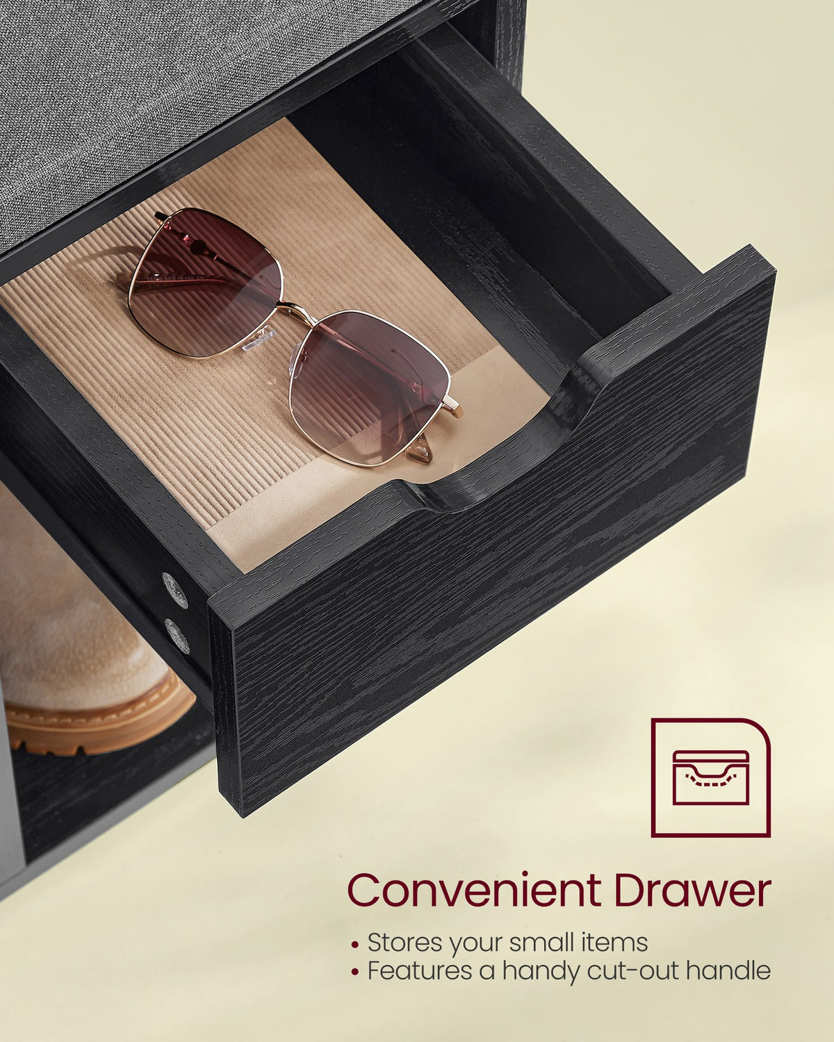 Storage Bench with Cushion - Drawer and Open Compartments