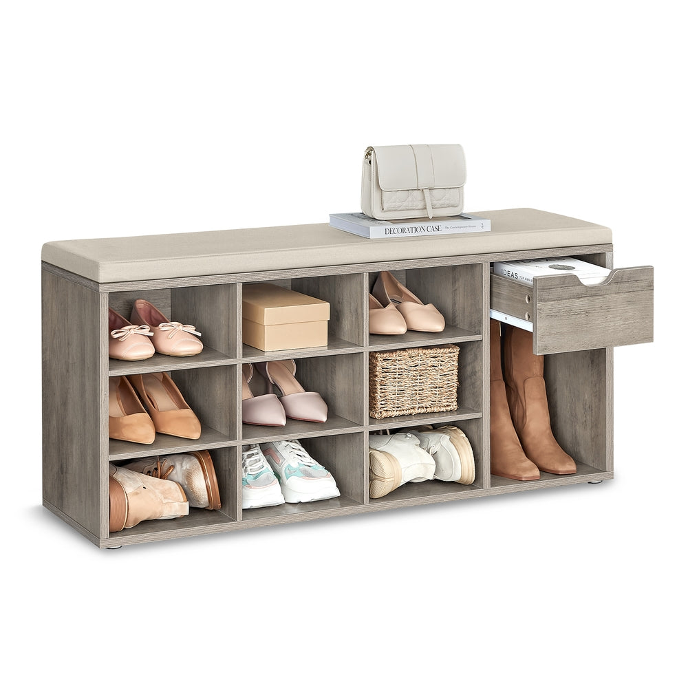 Storage Bench with Cushion - Drawer and Open Compartments - Heather Greige, Cappuccino Beige