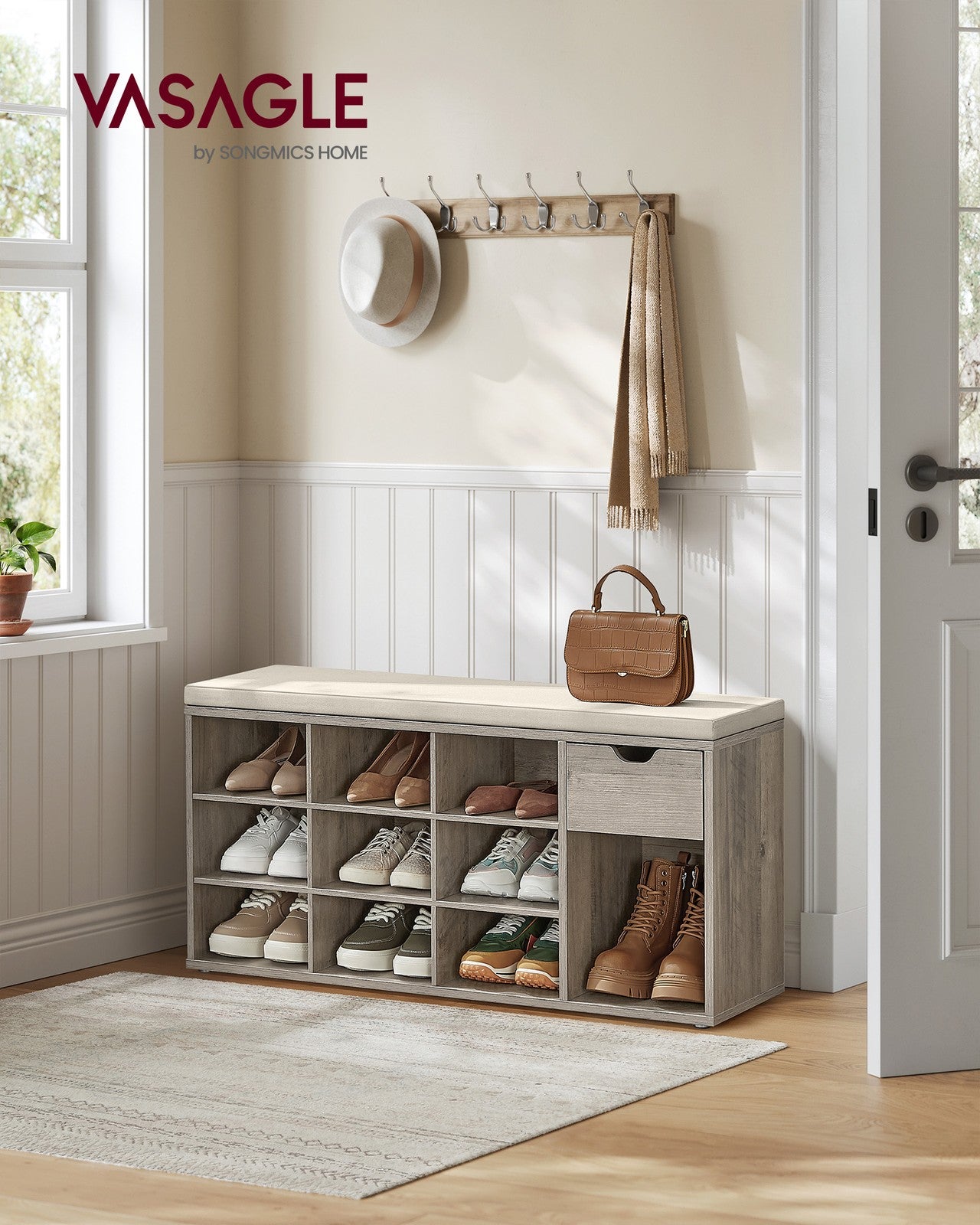 Storage Bench with Cushion - Drawer and Open Compartments - Heather Greige, Cappuccino Beige