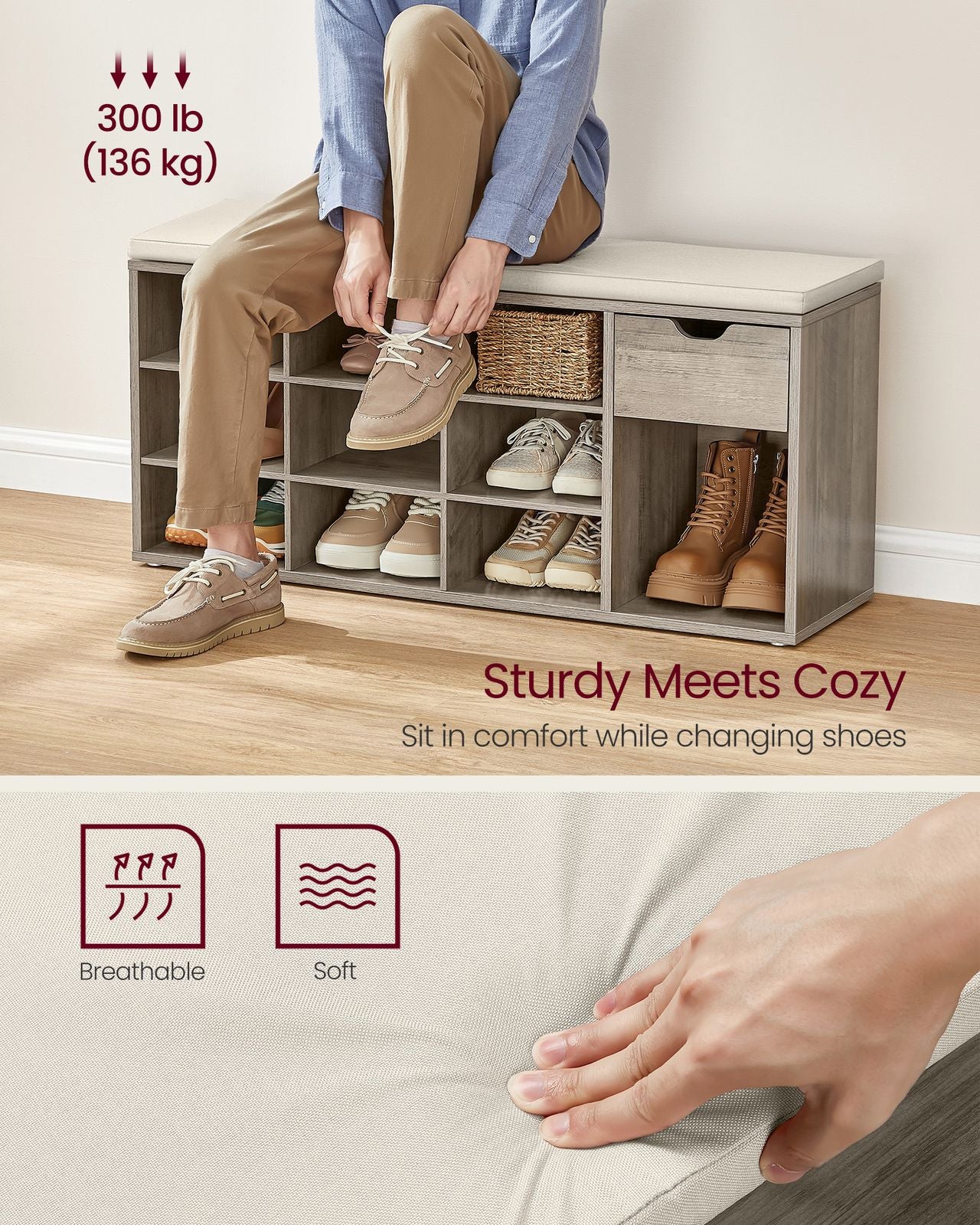 Storage Bench with Cushion - Drawer and Open Compartments - Heather Greige, Cappuccino Beige