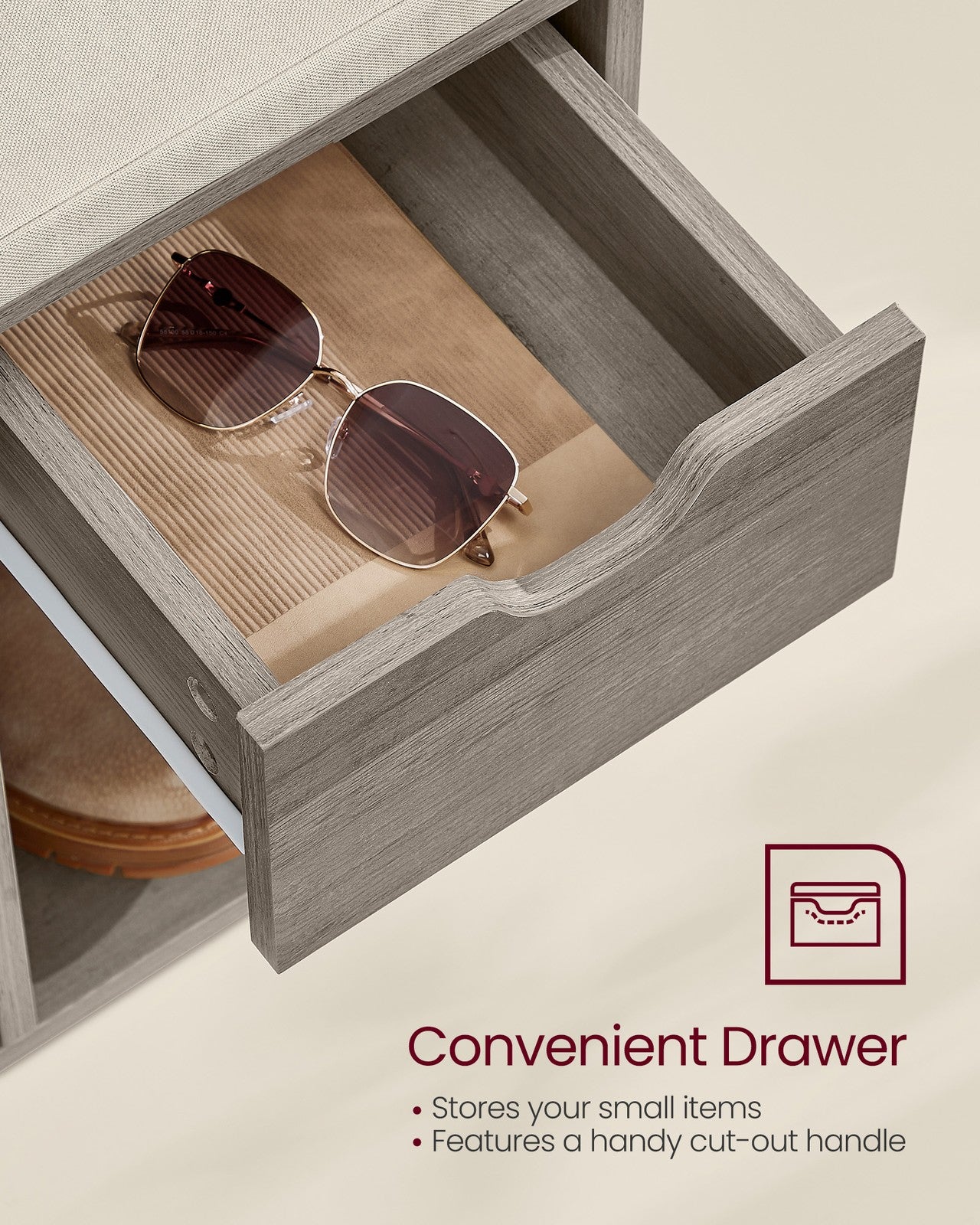 Storage Bench with Cushion - Drawer and Open Compartments - Heather Greige, Cappuccino Beige