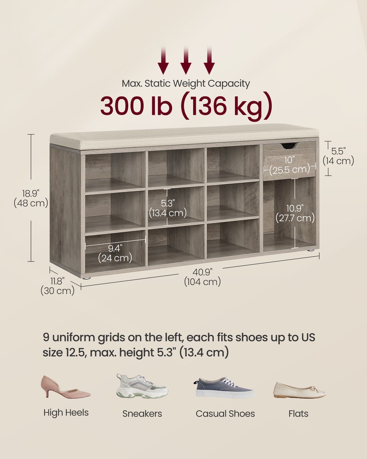 Storage Bench with Cushion - Drawer and Open Compartments - Heather Greige, Cappuccino Beige
