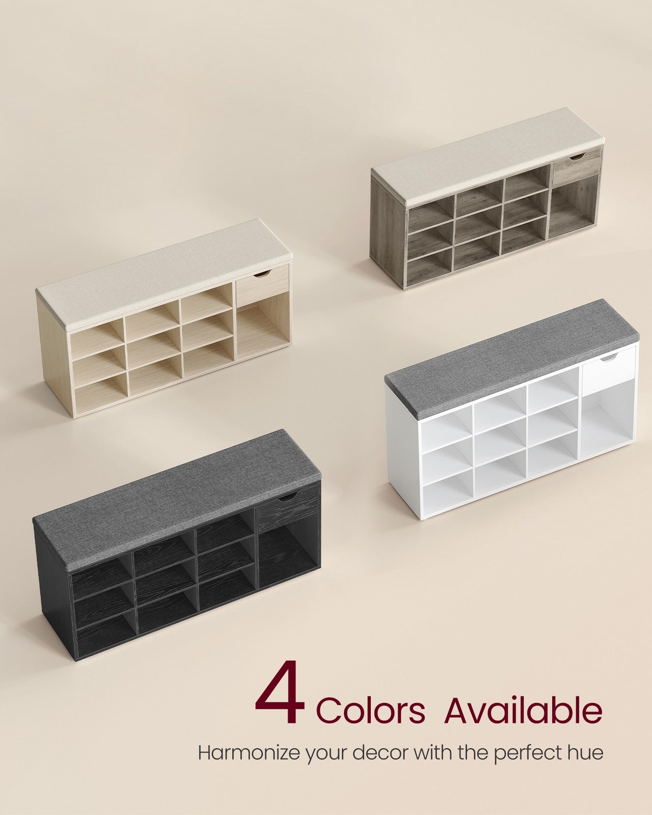 Storage Bench with Cushion - Drawer and Open Compartments - Heather Greige, Cappuccino Beige