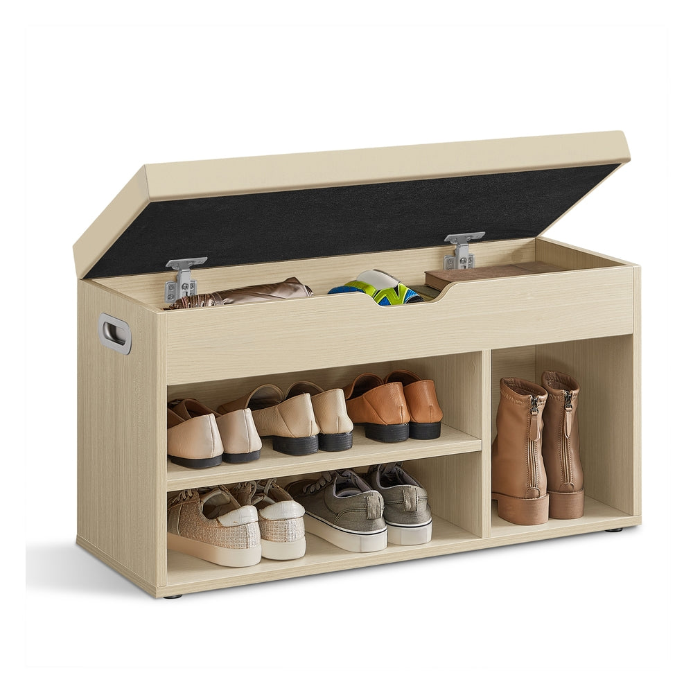 Storage Bench with Cushion - Padded Seat - 3 Compartments - Natural Beige