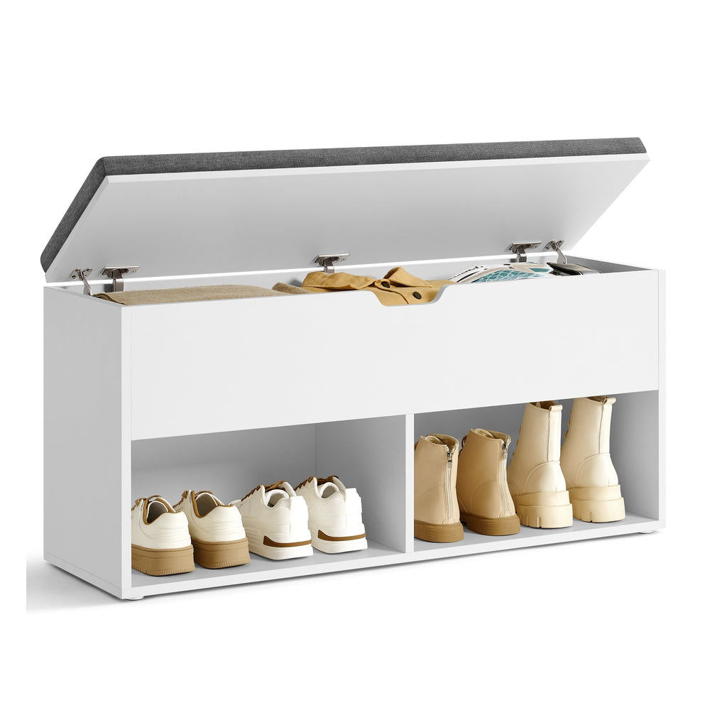 Shoe storage bench – 2 shelves – lift-top compartment – removable cushion