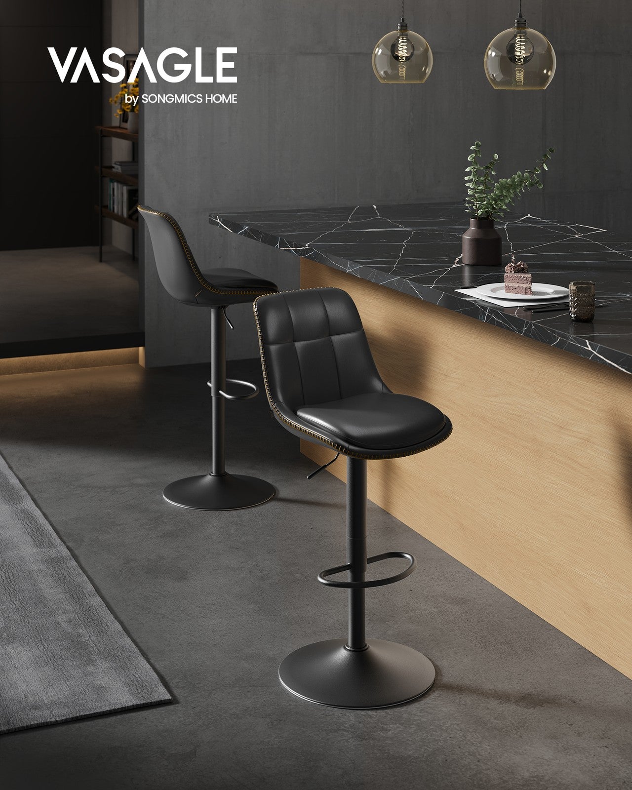 Bar Stools - Set of 2 Swivel Bar Chairs - Adjustable Height - Ink Black