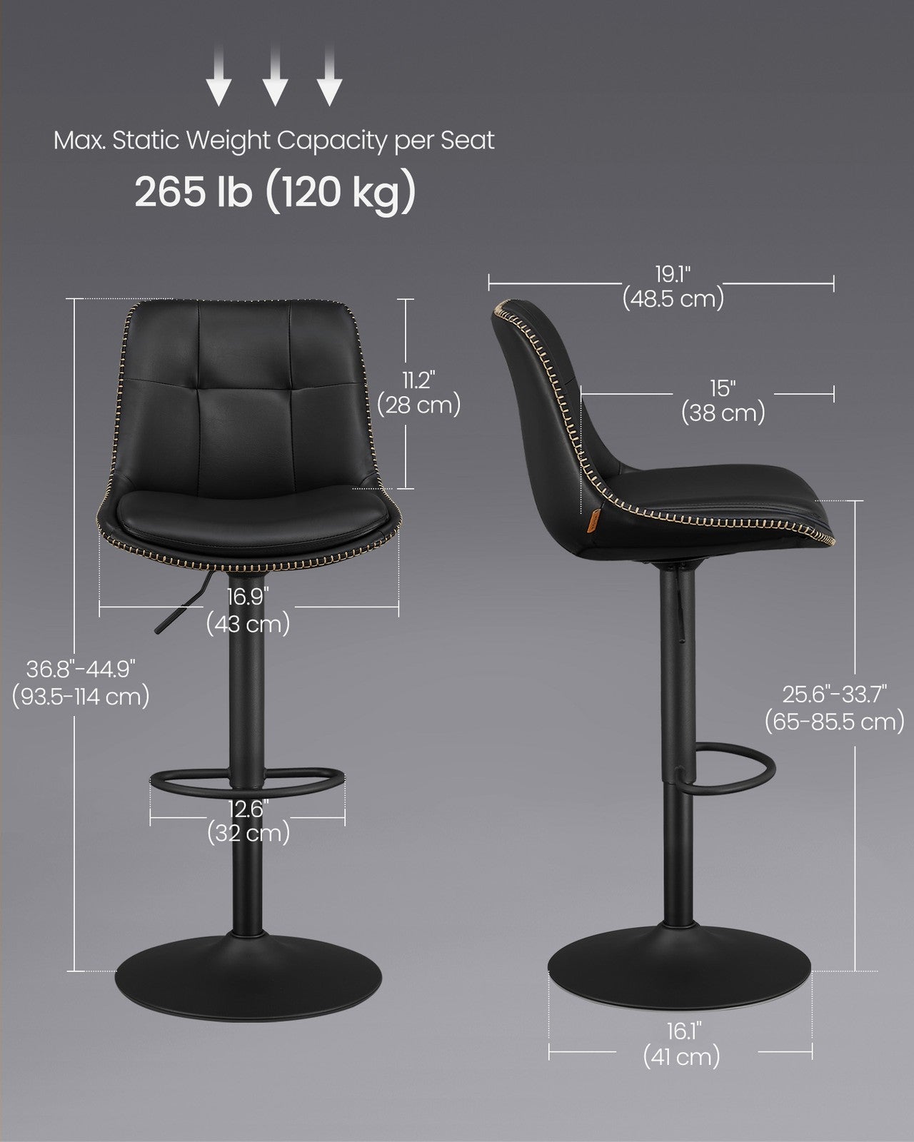 Bar Stools - Set of 2 Swivel Bar Chairs - Adjustable Height - Ink Black