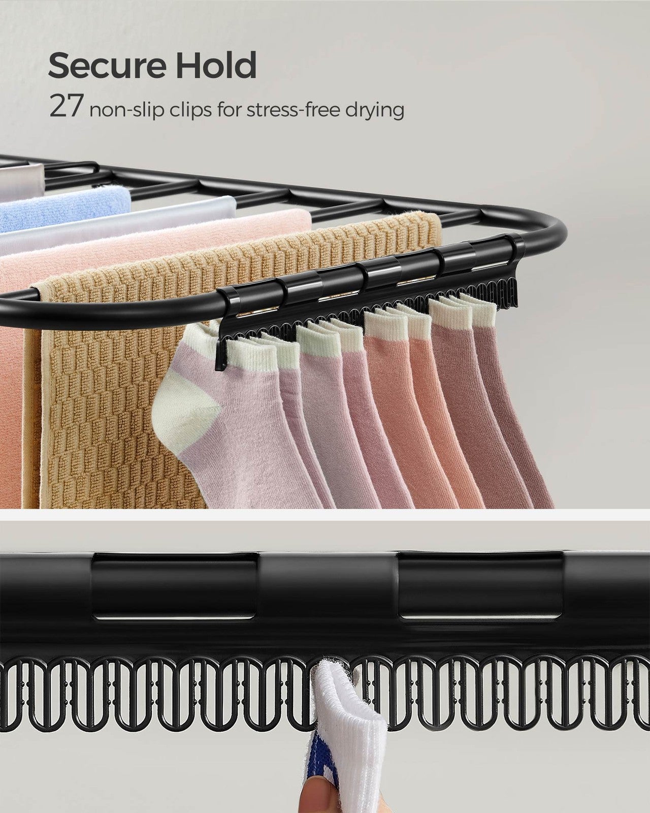 Clothes Drying Rack with Sock Clips - Black