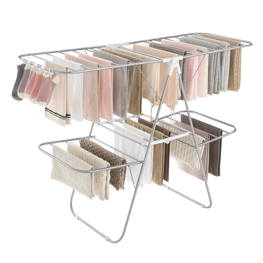 Foldable 2-Level Clothes Drying Rack with Height-Adjustable Wings - Silver, White