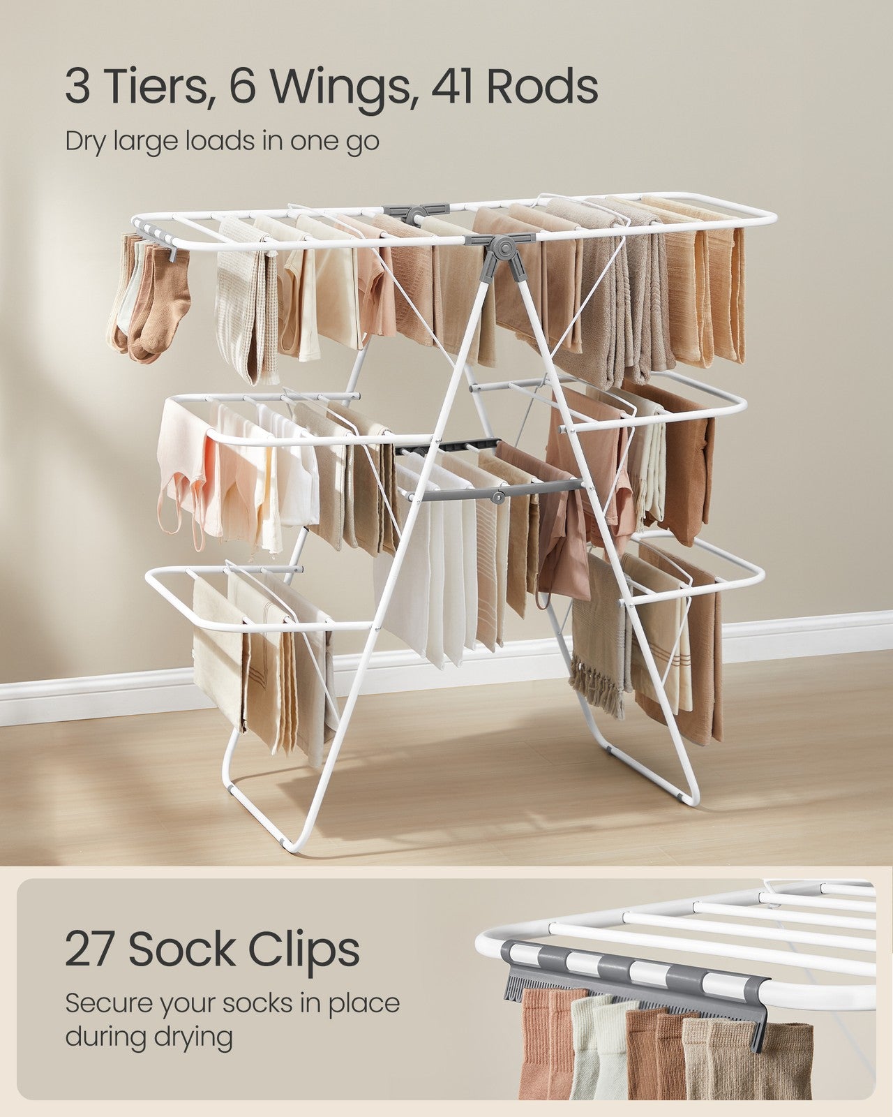 Clothes Drying Rack - Foldable 3-Level Laundry Rack - White and Gray