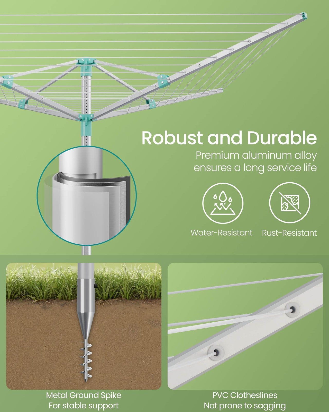 Umbrella Drying Rack - 164 Ft Long Clothesline - Silver, Green