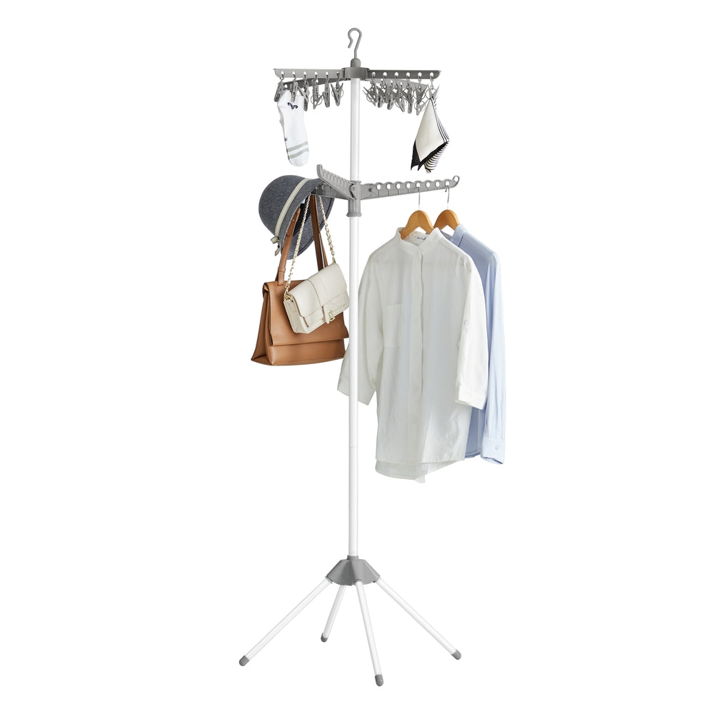 59-Inch High Folding Clothes Drying Rack - Gray, White - 25.6”D x 25.6”W x 72”H