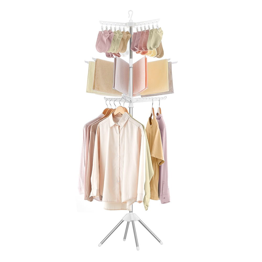 59-Inch High Folding Clothes Drying Rack - White, Silver - 25.6"D x 25.6"W x 82.7"H