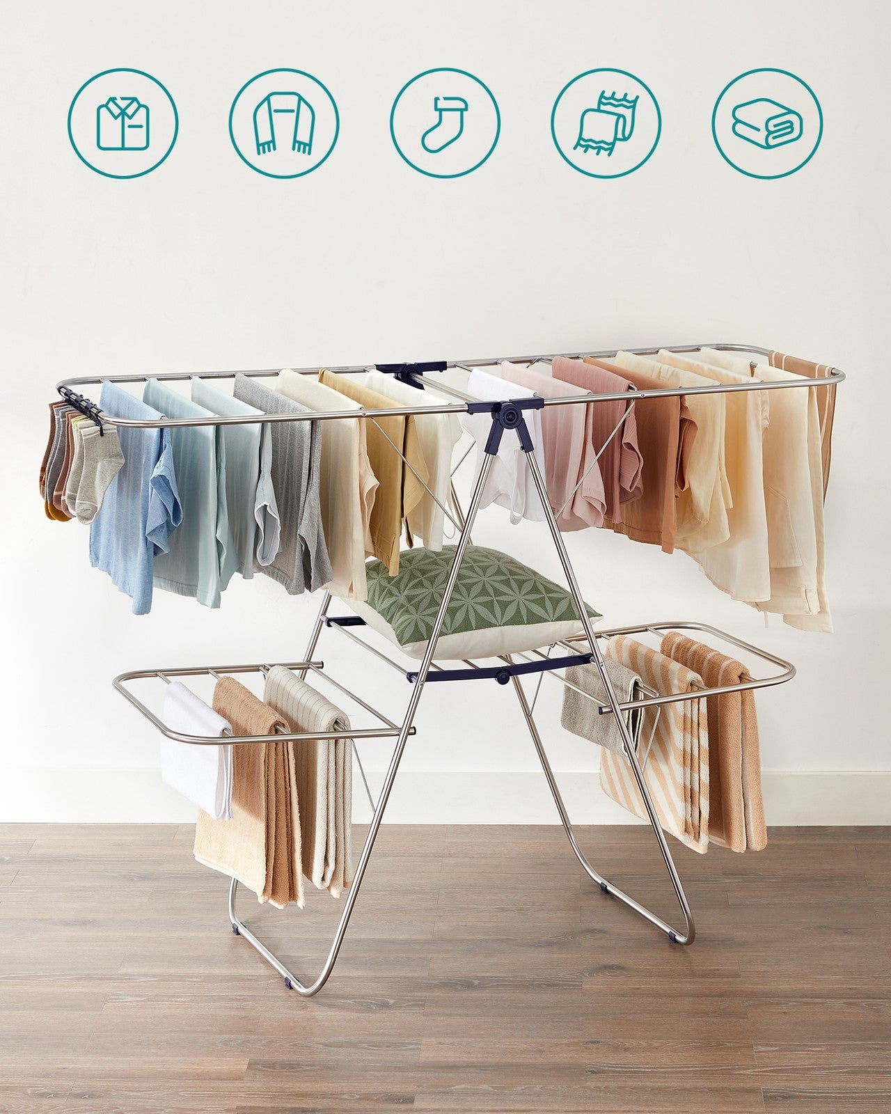Clothes Drying Rack - Foldable 2-Level - Height-Adjustable Wings