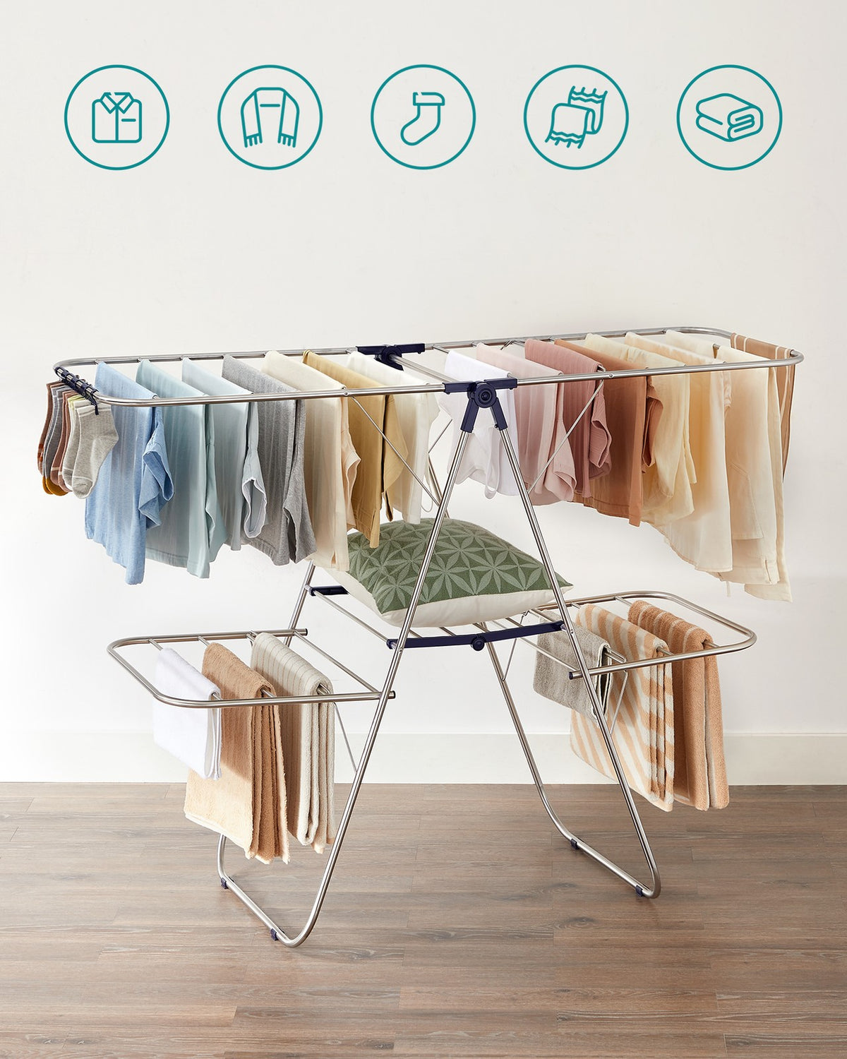 Clothes Drying Rack - Foldable 2-Level - Height-Adjustable Wings