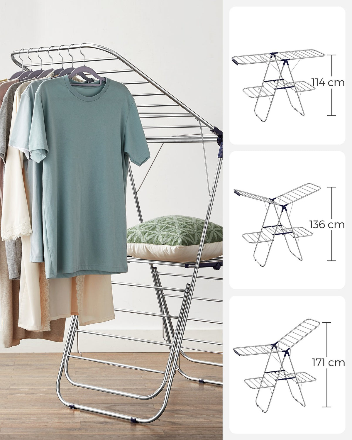 Clothes Drying Rack - Foldable 2-Level - Height-Adjustable Wings