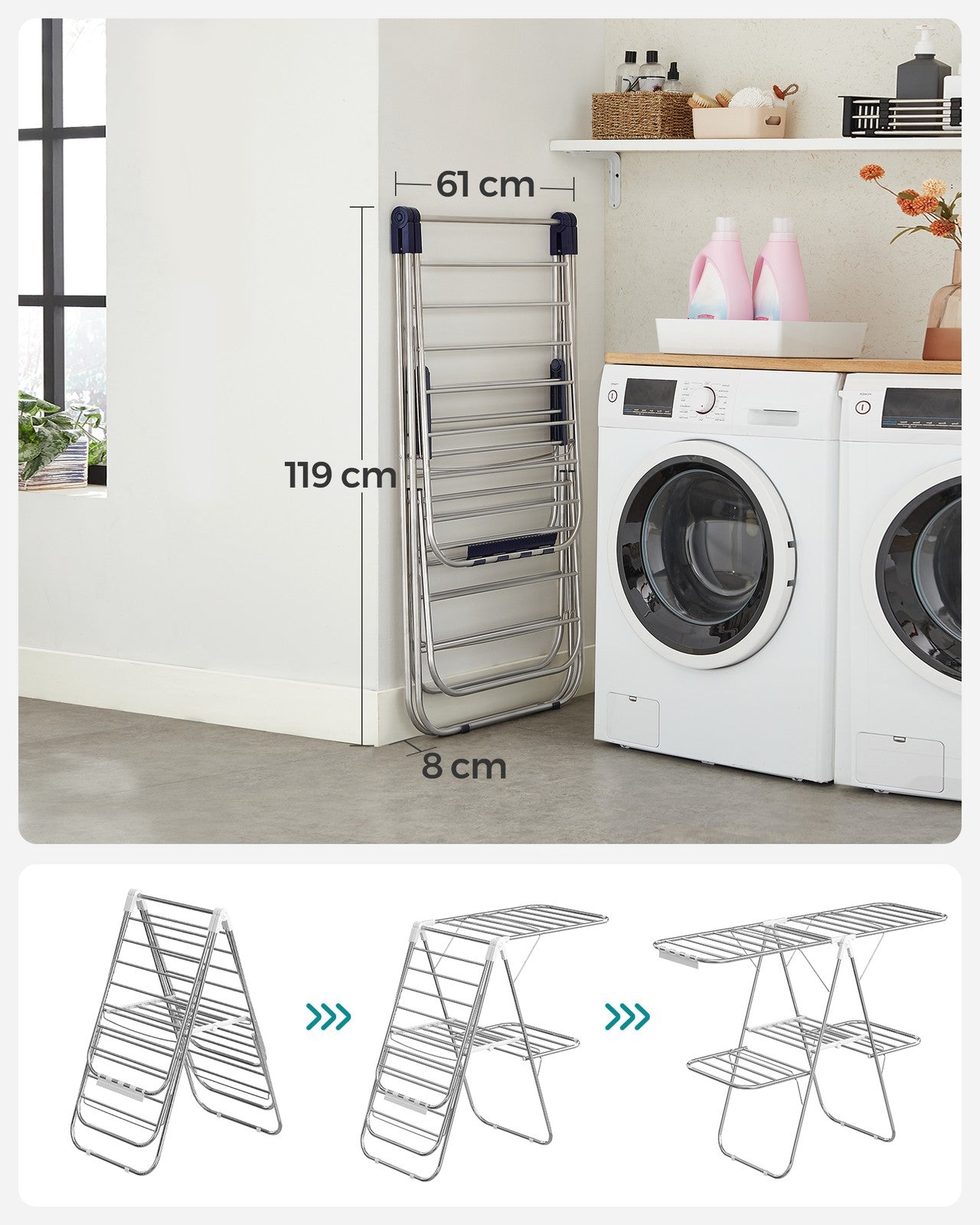 Clothes Drying Rack - Foldable 2-Level - Height-Adjustable Wings
