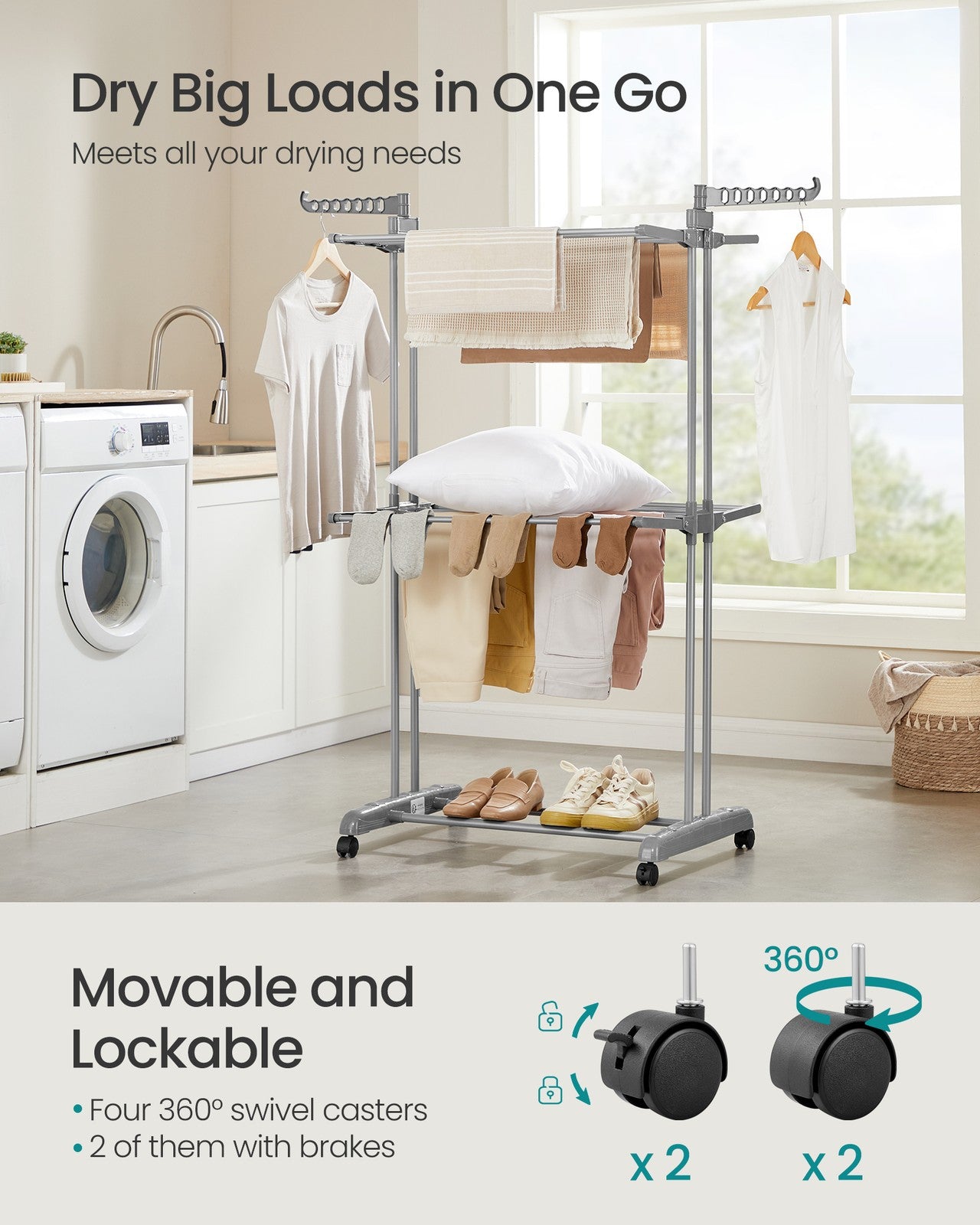 Clothes Drying Rack 3-Tier - Foldable Laundry Drying Rack 148 Cm Tall - Stainless Steel - Rolling Laundry Horses