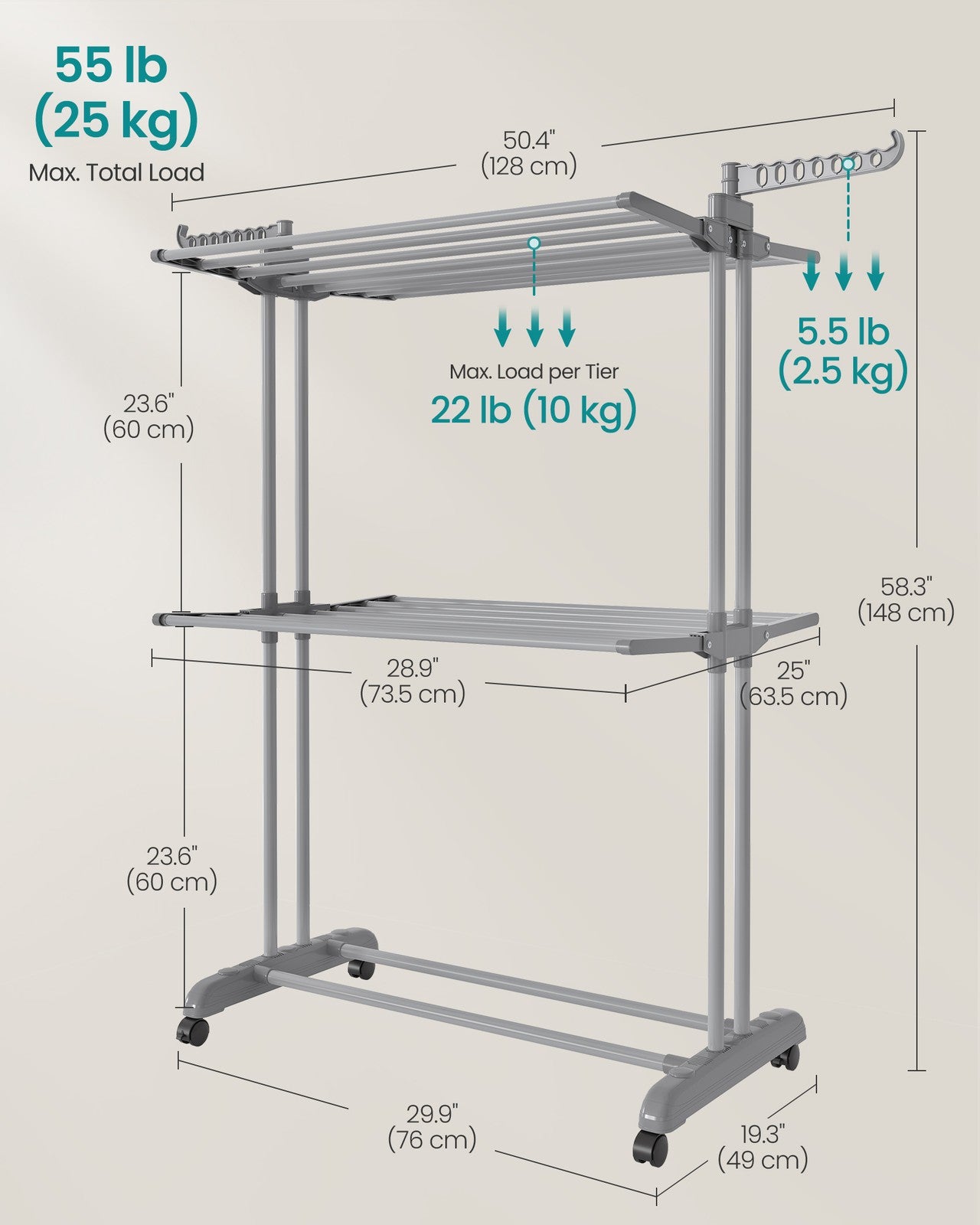 Clothes Drying Rack 3-Tier - Foldable Laundry Drying Rack 148 Cm Tall - Stainless Steel - Rolling Laundry Horses