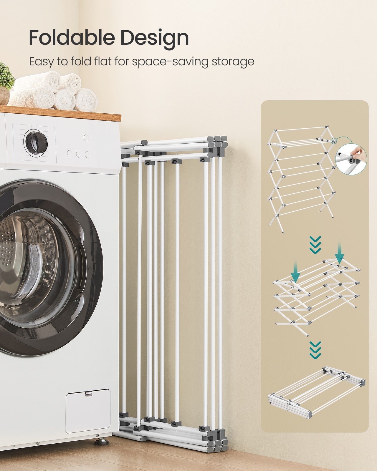 Foldable Clothes Drying Rack - Laundry Drying Rack - Clothes Airer - Steel Frame - Pearl White
