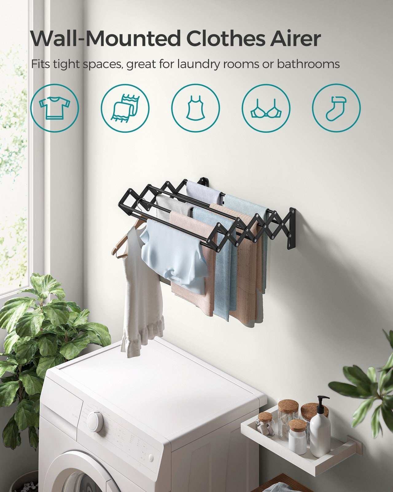 Wall-Mounted Expandable Steel Clothes Drying Rack with 9 Hanging Rods - Ink Black