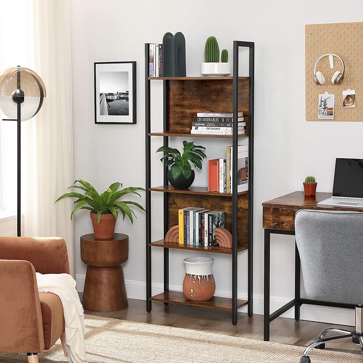 5-Tier Bookshelf with Steel Frame - Rustic Brown, Black