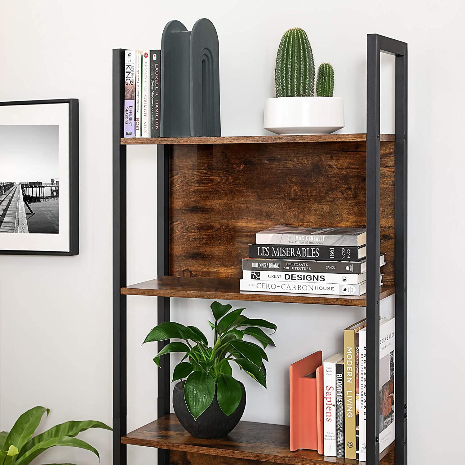 5-Tier Bookshelf with Steel Frame - Rustic Brown, Black