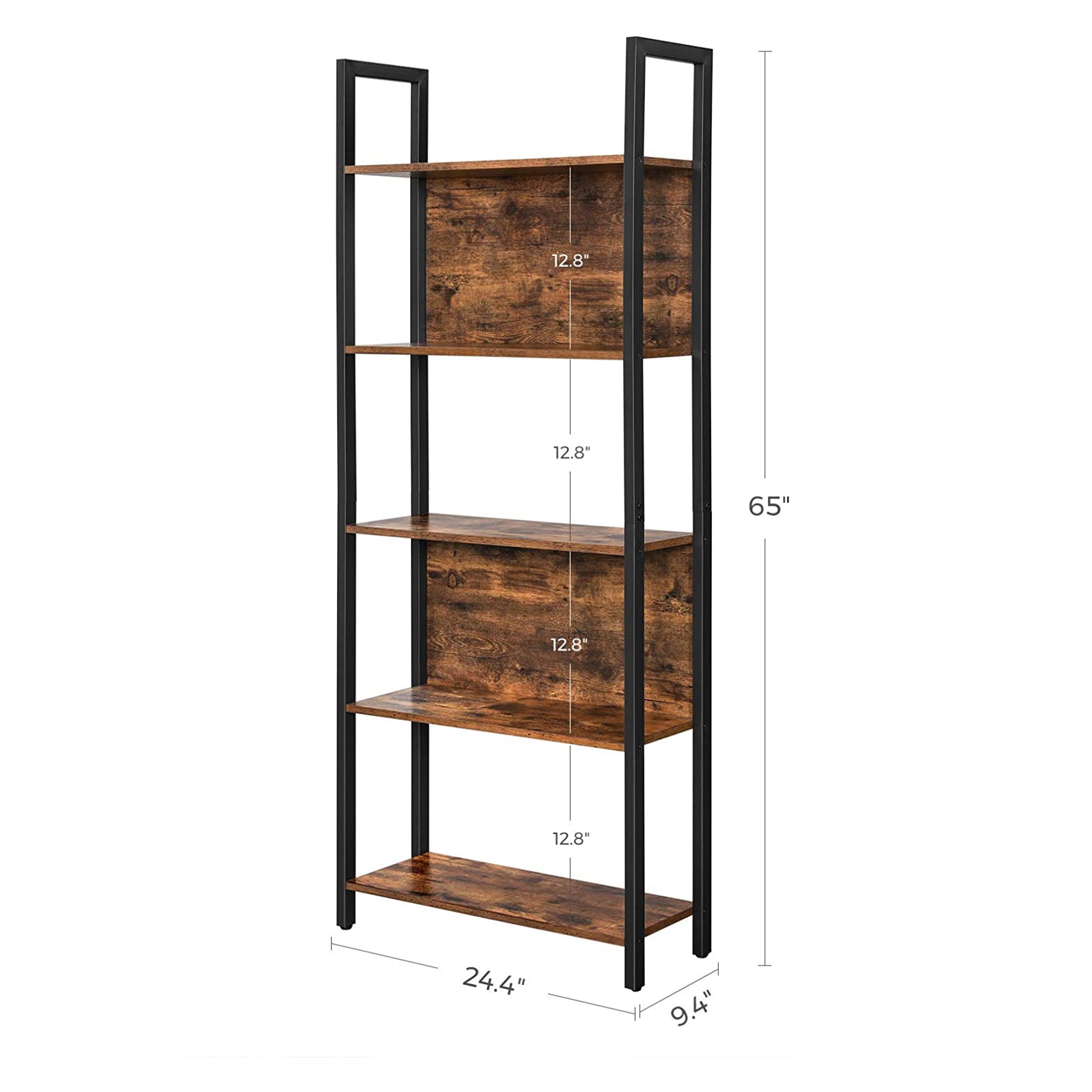5-Tier Bookshelf with Steel Frame - Rustic Brown, Black