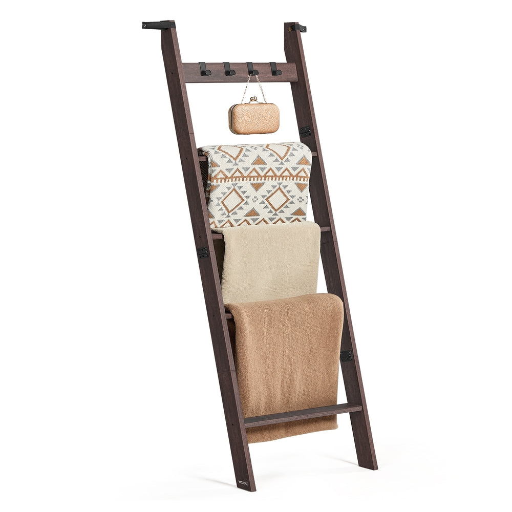 Blanket Ladder 5-Tier Ladder Shelf 4 Removable Hooks Maroon Brown - Maroon Brown - 17"W x 63"H