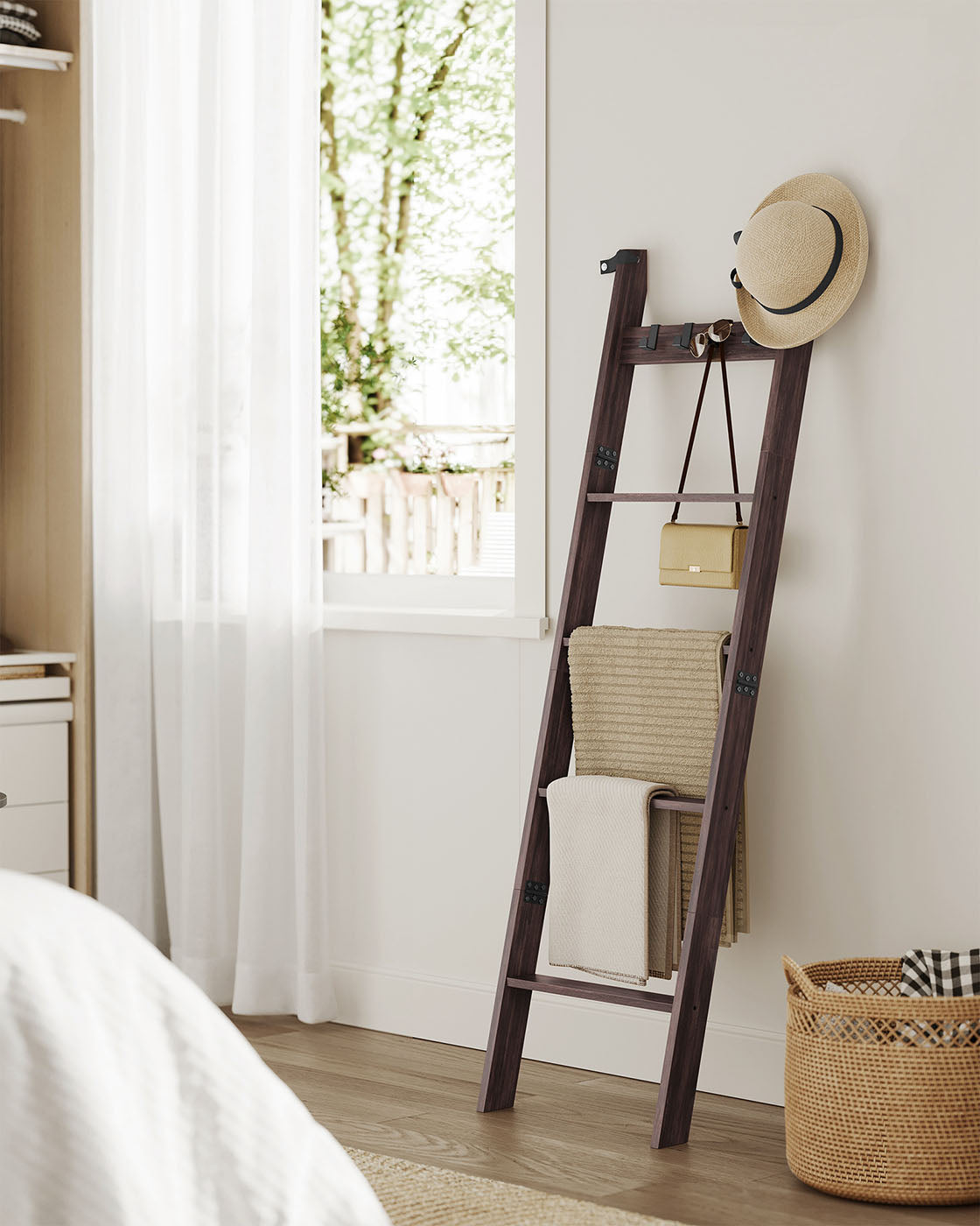 Blanket Ladder 5-Tier Ladder Shelf 4 Removable Hooks Maroon Brown - Maroon Brown